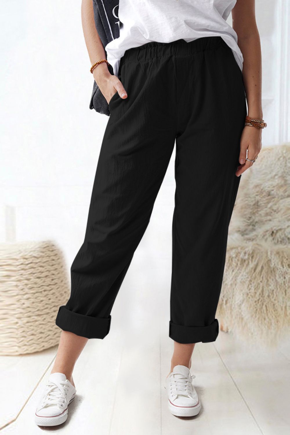 Paperbag Waist Pull-On Pants with Pockets - SHIRLYN.CO