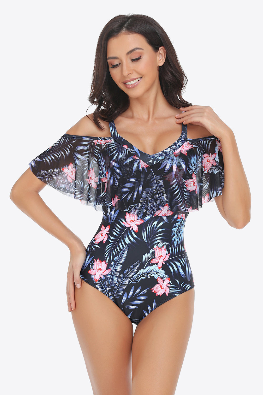 Botanical Print Cold-Shoulder Layered One-Piece Swimsuit - SHIRLYN.CO