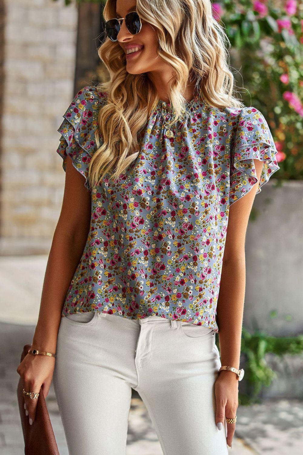 Floral Round Neck Flutter Sleeve Blouse - SHIRLYN.CO