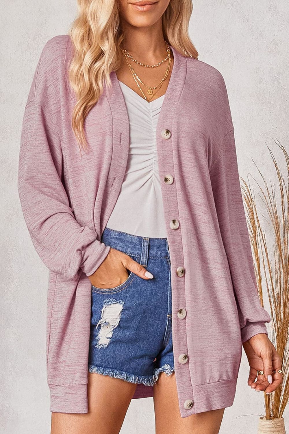 Buttoned V-Neck Long Sleeve Cardigans - SHIRLYN.CO