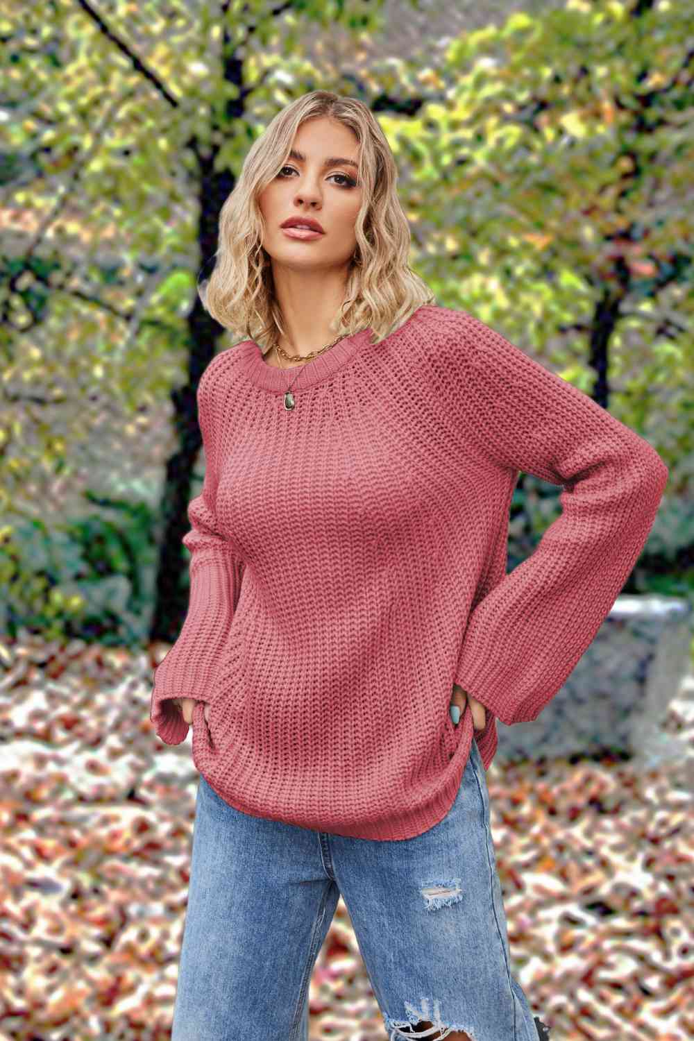 Openwork Round Neck Long Sleeve Sweater