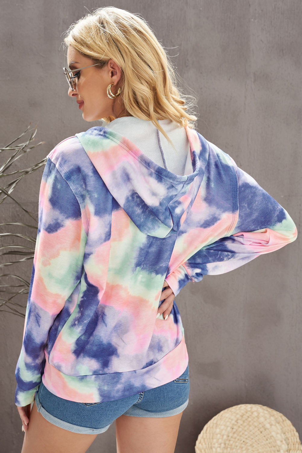 Tie-Dye Drawstring Detail Zip Up Hooded Jacket - SHIRLYN.CO