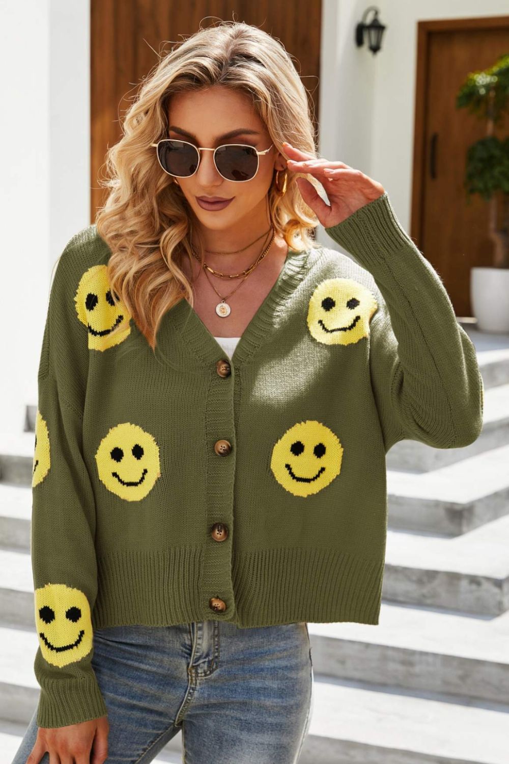 Smiley Face Ribbed Trim V-Neck Cardigan - SHIRLYN.CO