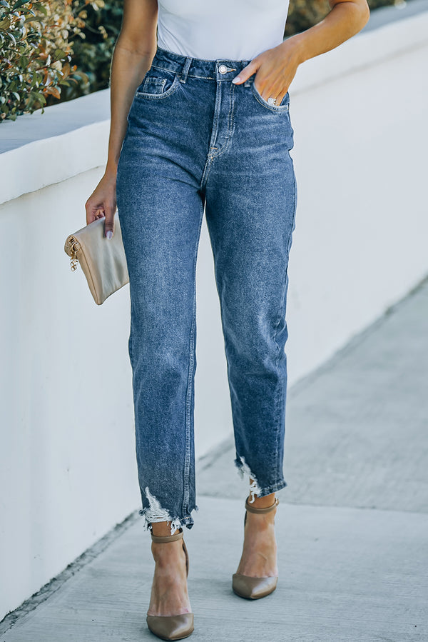 Ripped Ankle Straight Jeans with Pockets - SHIRLYN.CO