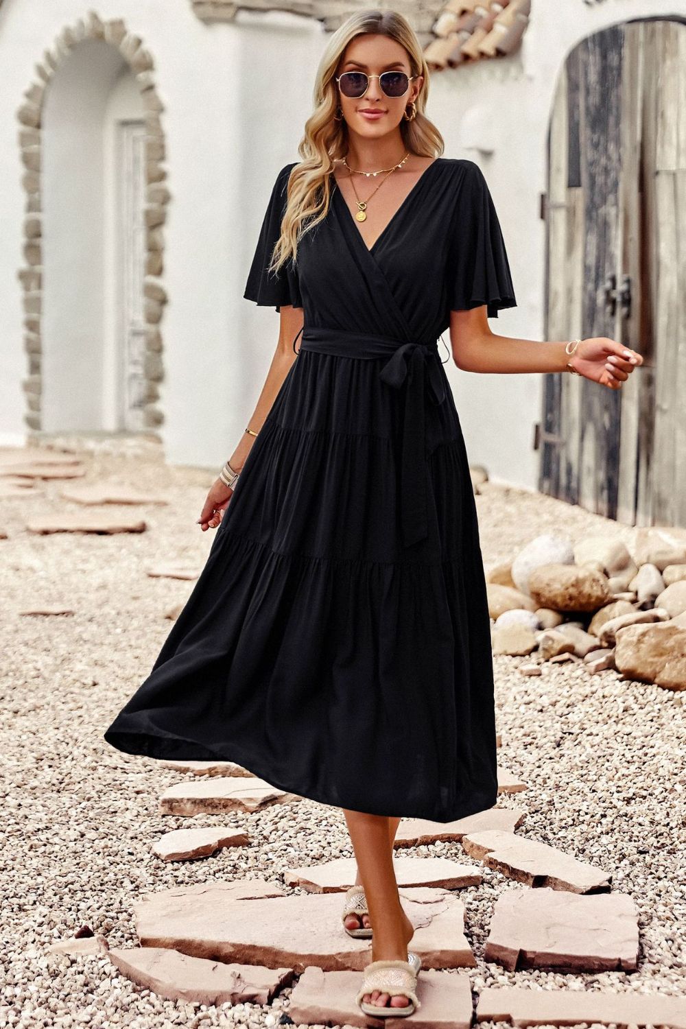 Belted Flutter Sleeve Tiered Surplice Dress - SHIRLYN.CO