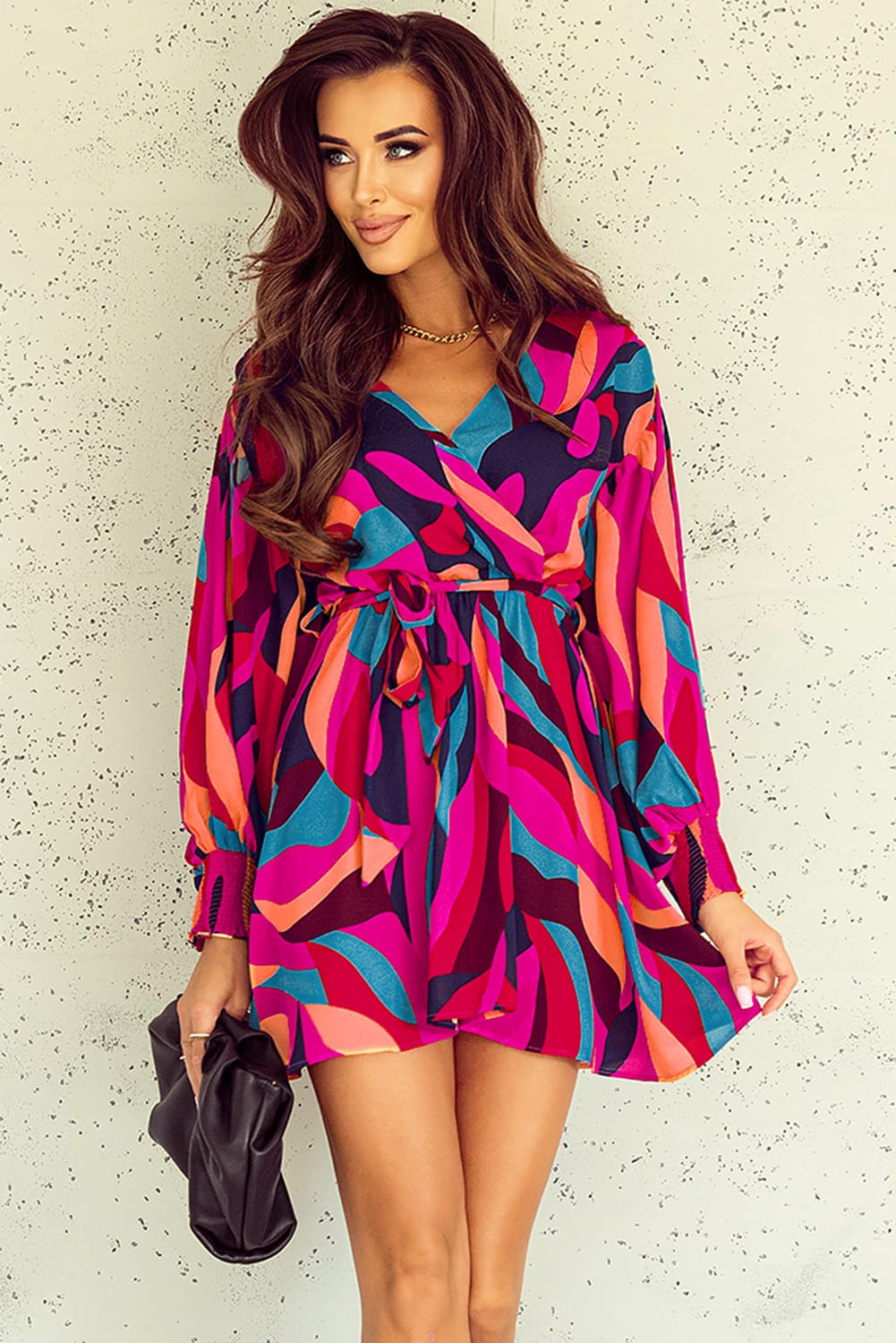 Printed Surplice Neck Tie Waist Dress