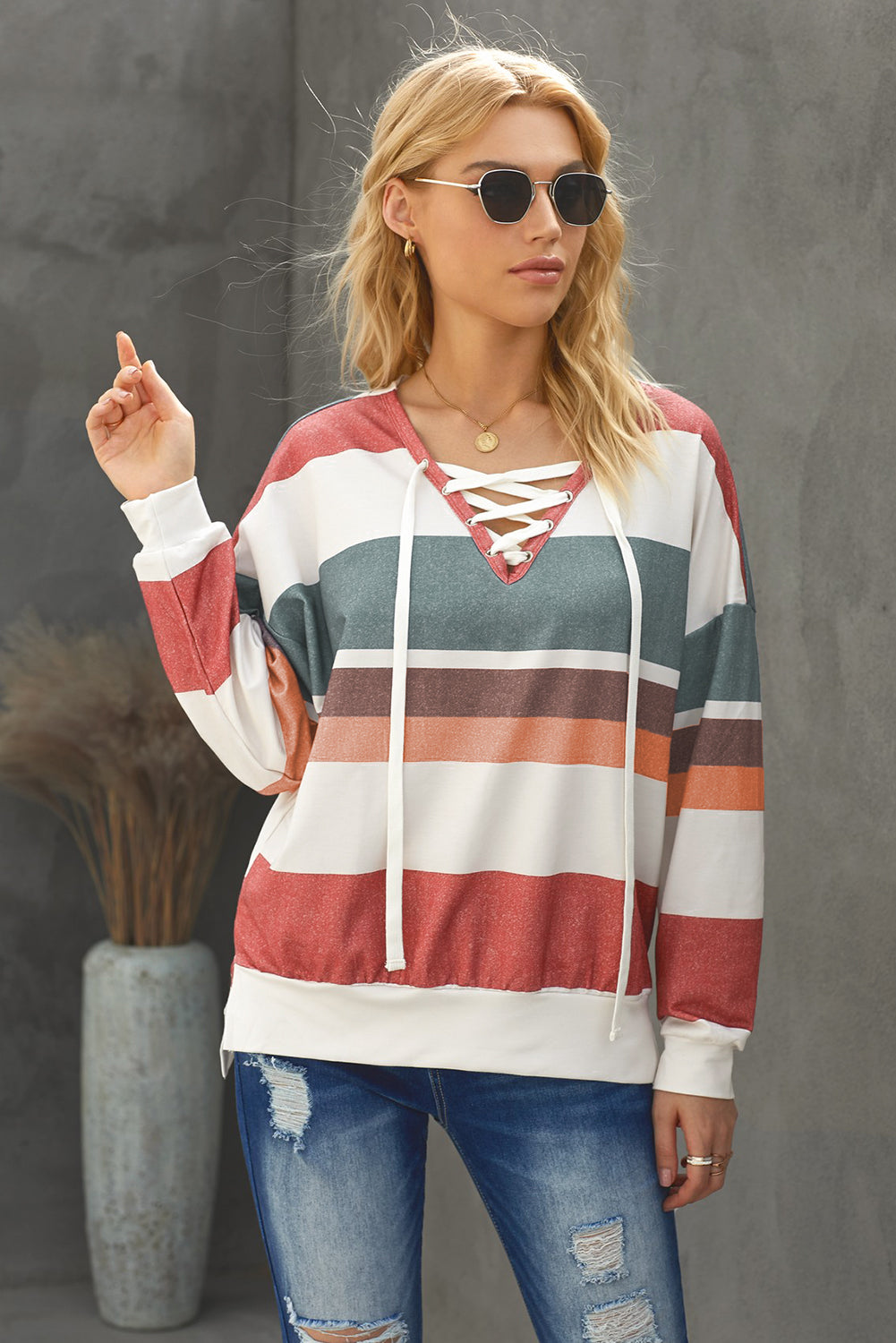 Multicolored Striped Lace-Up Dropped Shoulder Sweatshirt - SHIRLYN.CO