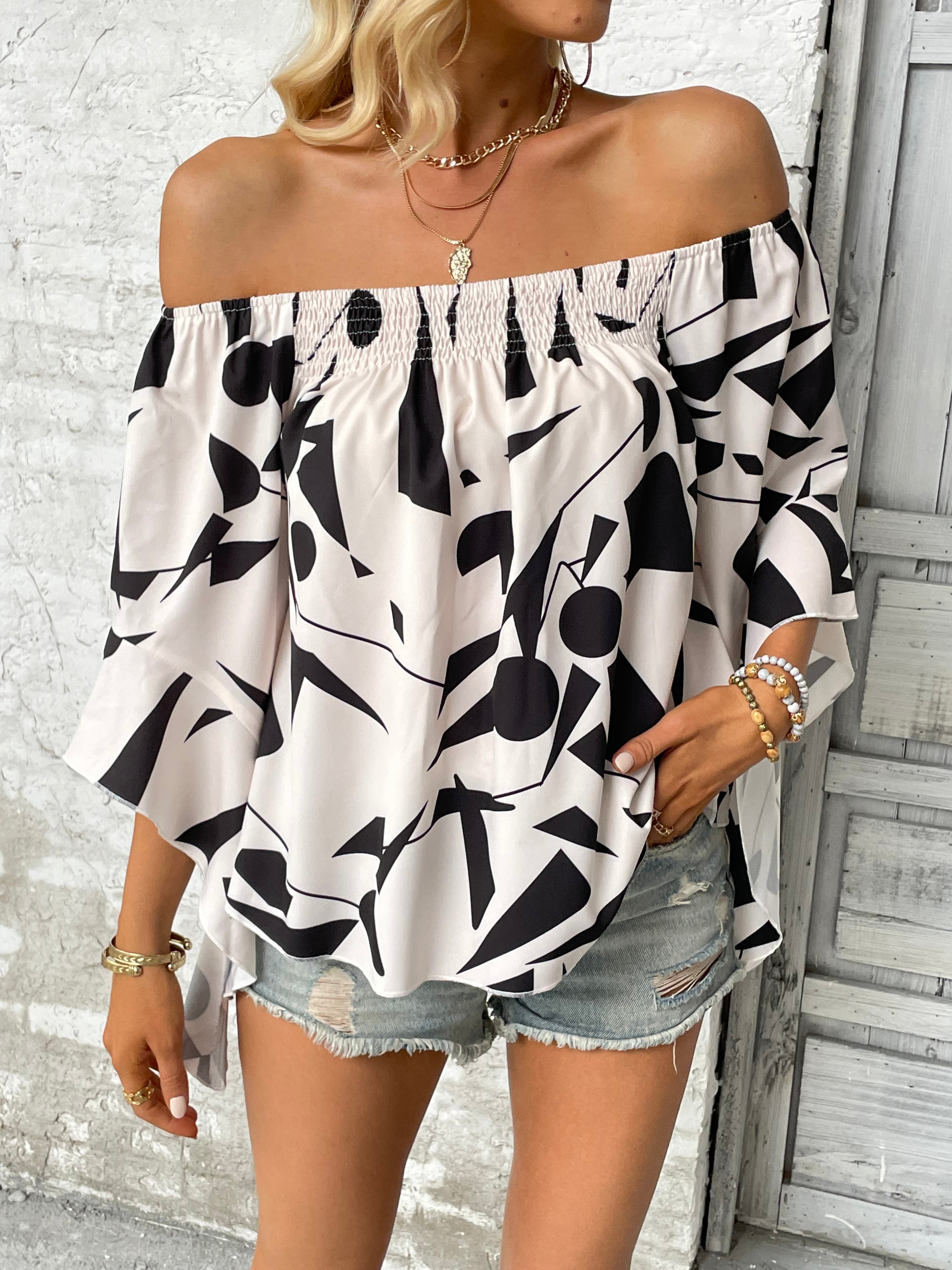 Printed Off-Shoulder Bell Sleeve Blouse - SHIRLYN.CO