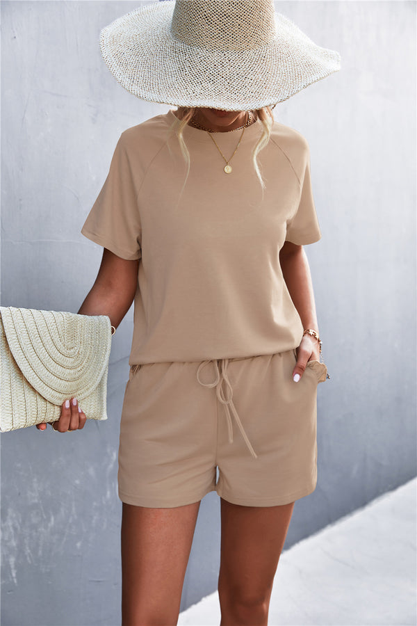 Raglan Sleeve Ruffle Hem Top and Shorts Set with Pockets