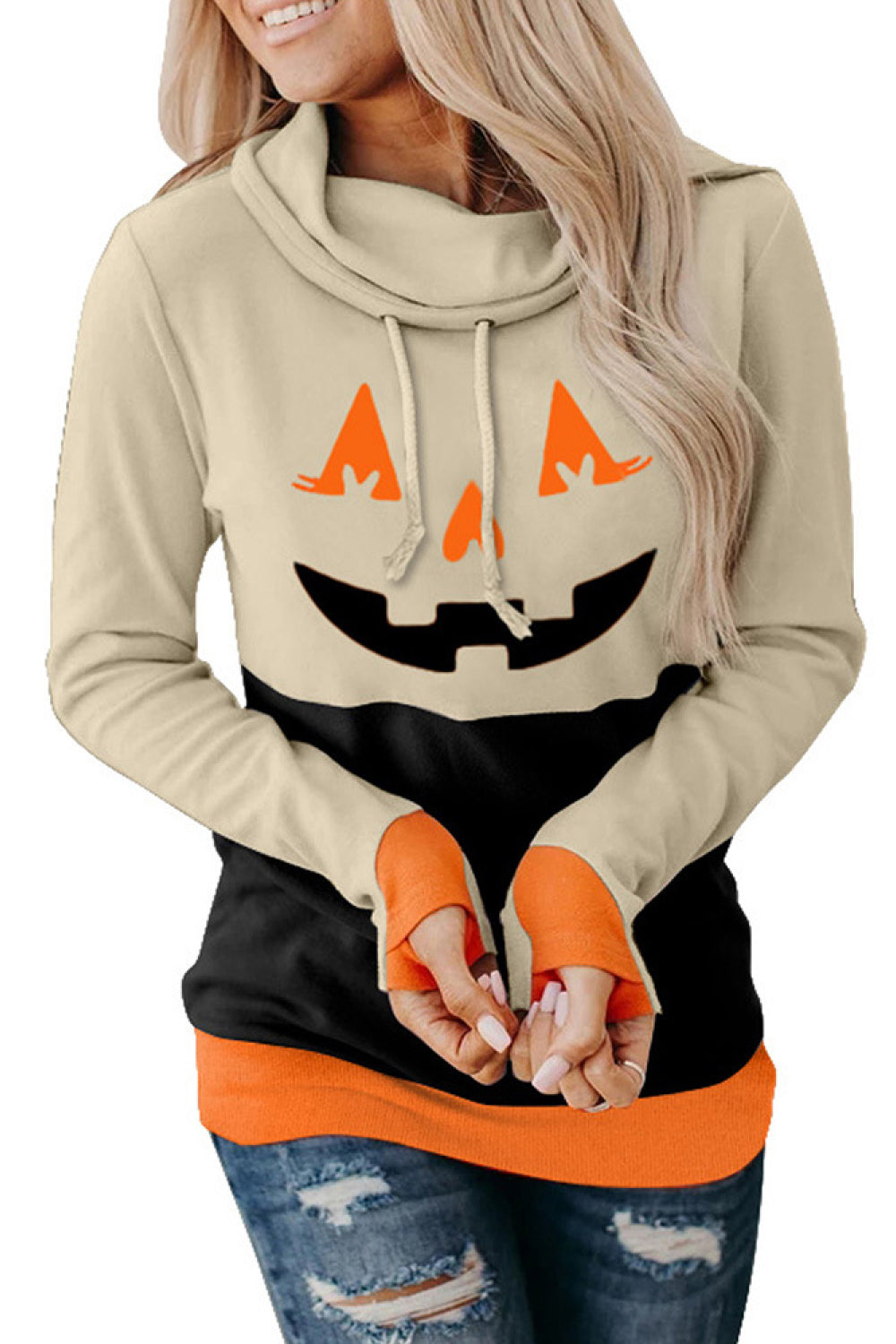 Halloween Print Color Block Drawstring Sweatshirt - SHIRLYN.CO