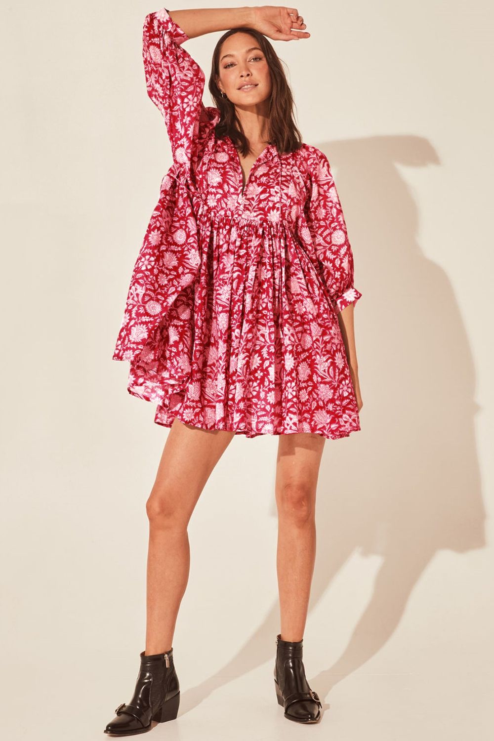 Floral Tie Neck Lantern Sleeve Dress - SHIRLYN.CO