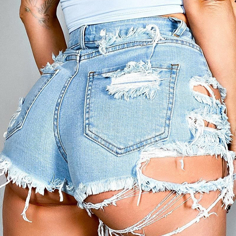 Asymmetrical Distressed Denim Shorts - SHIRLYN.CO