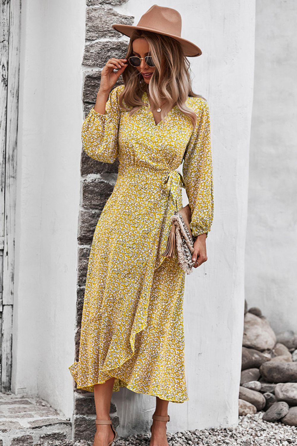 Floral Surplice Neck Long Sleeve Dress - SHIRLYN.CO