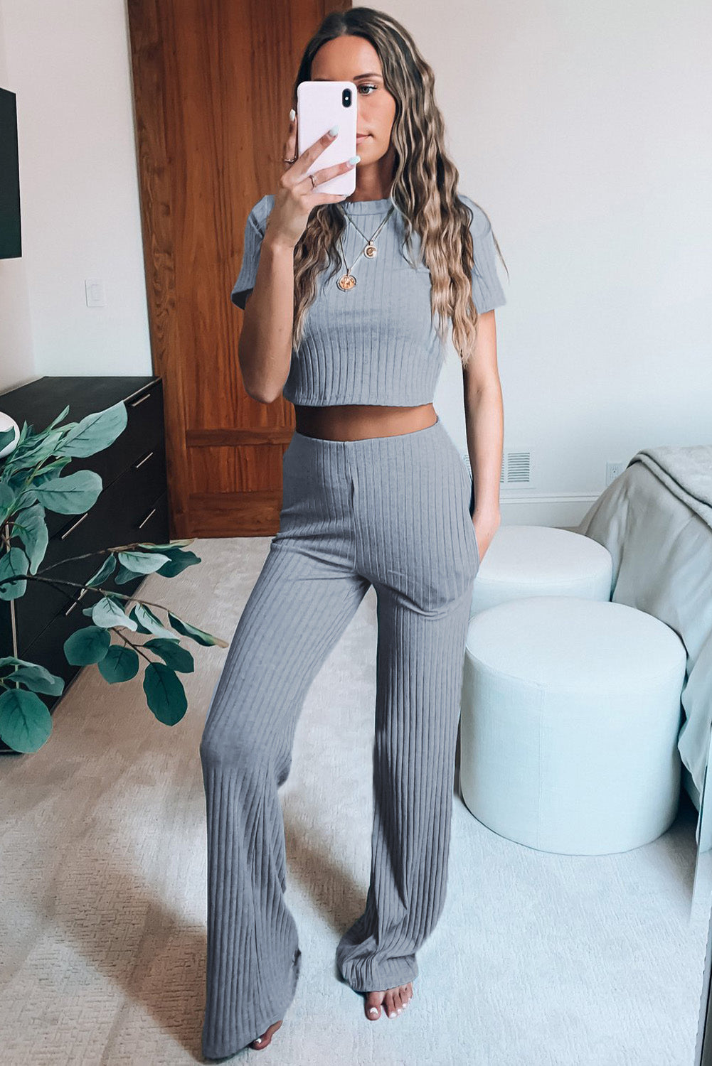 Ribbed Crop T-Shirt and Wide Leg Pants Lounge Set - SHIRLYN.CO