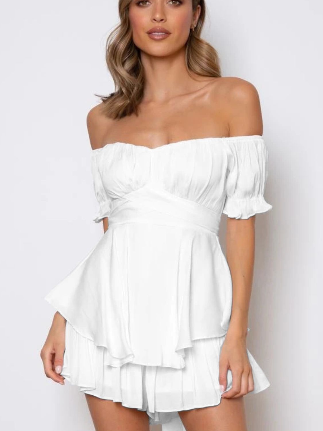 Off Shoulder Flounce Sleeve Mini Dress