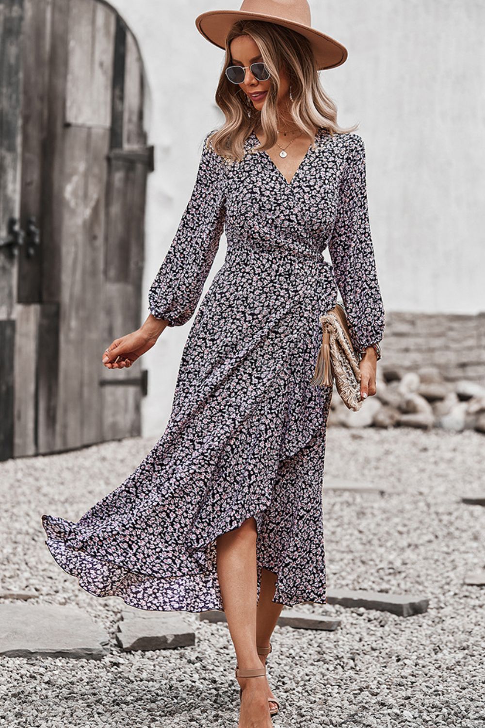 Floral Surplice Neck Long Sleeve Dress - SHIRLYN.CO