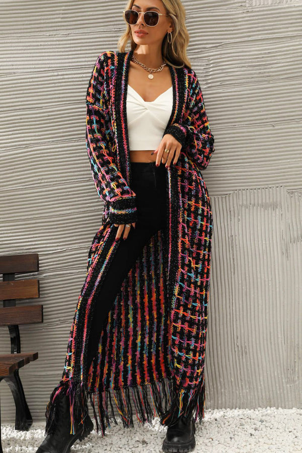 Multicolored Open Front Fringe Hem Cardigan - SHIRLYN.CO