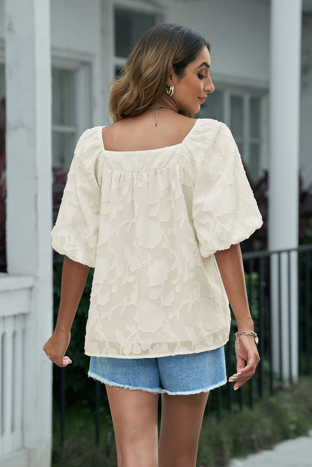 Applique Puff Sleeve Square Neck Blouse - SHIRLYN.CO