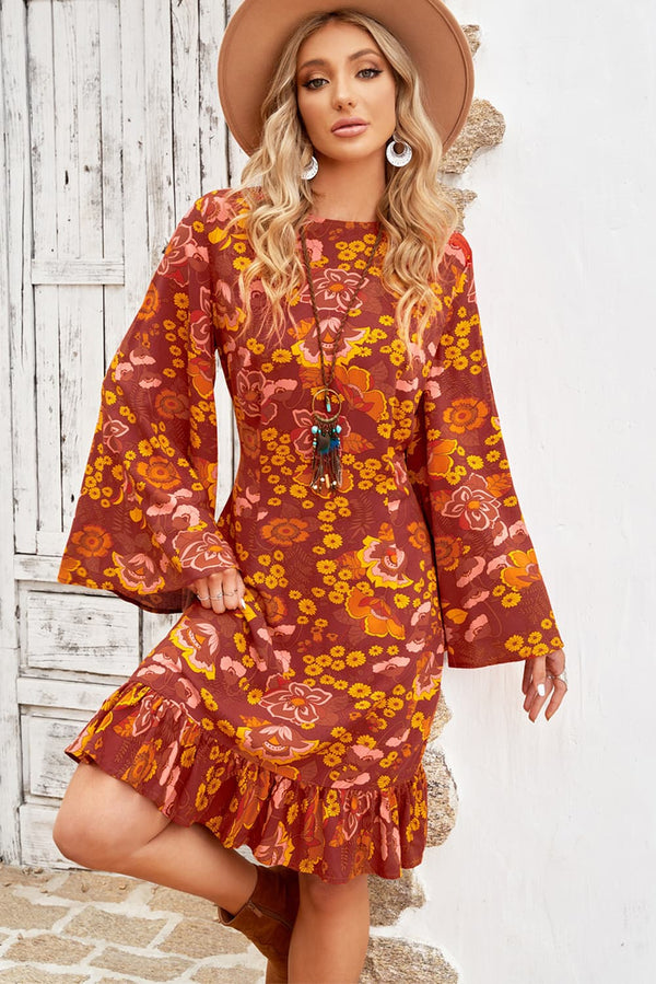 Floral Round Neck Flare Sleeve Dress - SHIRLYN.CO