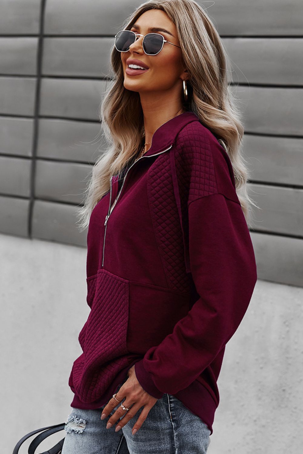 Half-Zip Collared Drop Shoulder Sweatshirt - SHIRLYN.CO