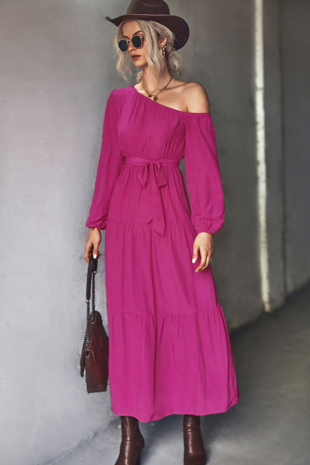 Belted One-Shoulder Tiered Maxi Dress - SHIRLYN.CO