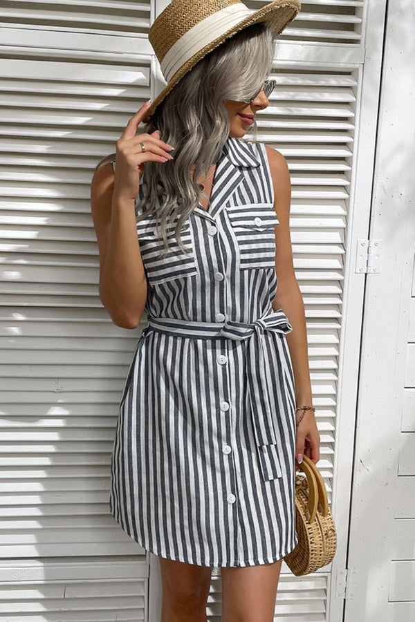 Striped Button Front Tie-Waist Sleeveless Shirt Dress - SHIRLYN.CO