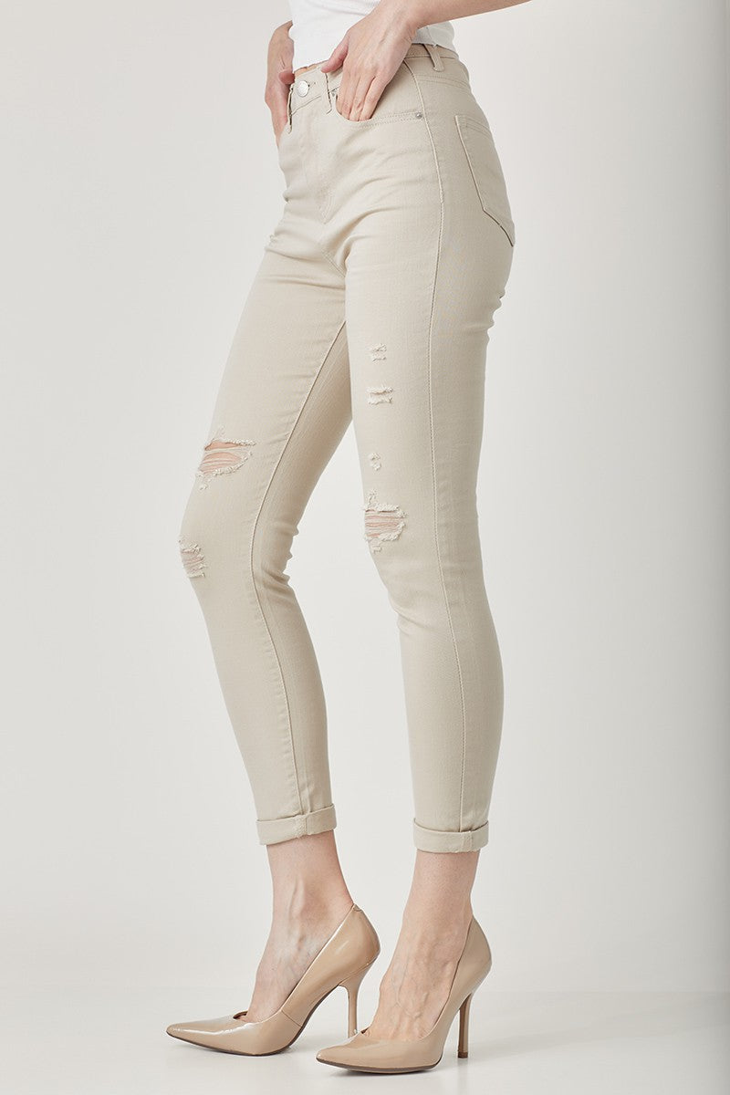 RISEN Distressed Skinny Jeans in Khaki - SHIRLYN.CO