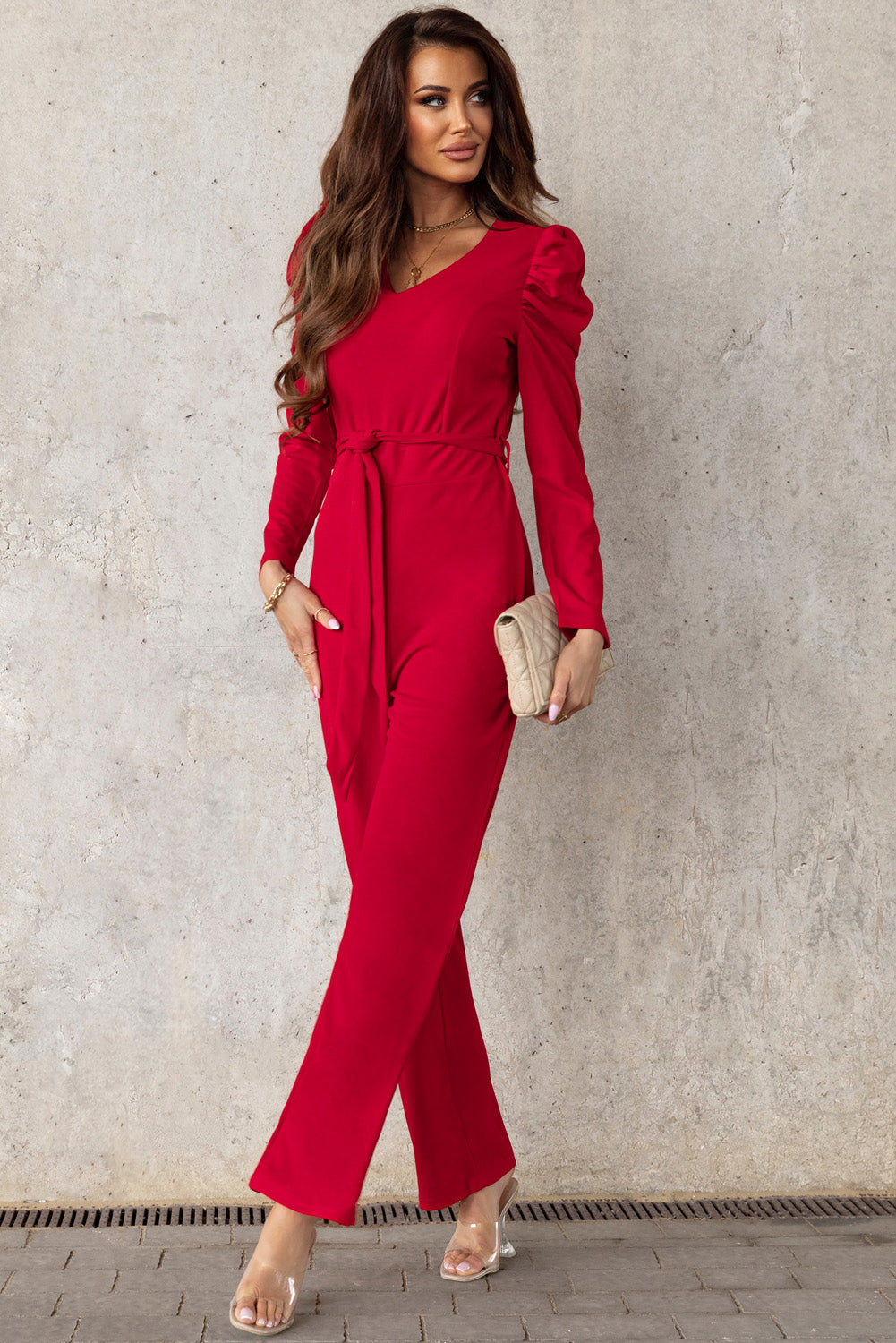 Belted Long Puff Sleeve V-Neck Jumpsuit - SHIRLYN.CO