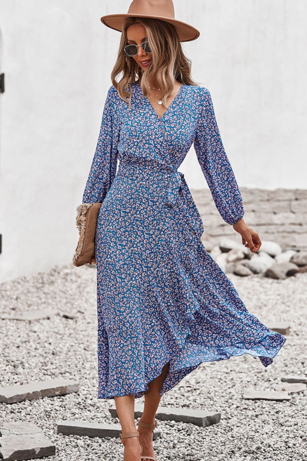 Floral Surplice Neck Long Sleeve Dress - SHIRLYN.CO