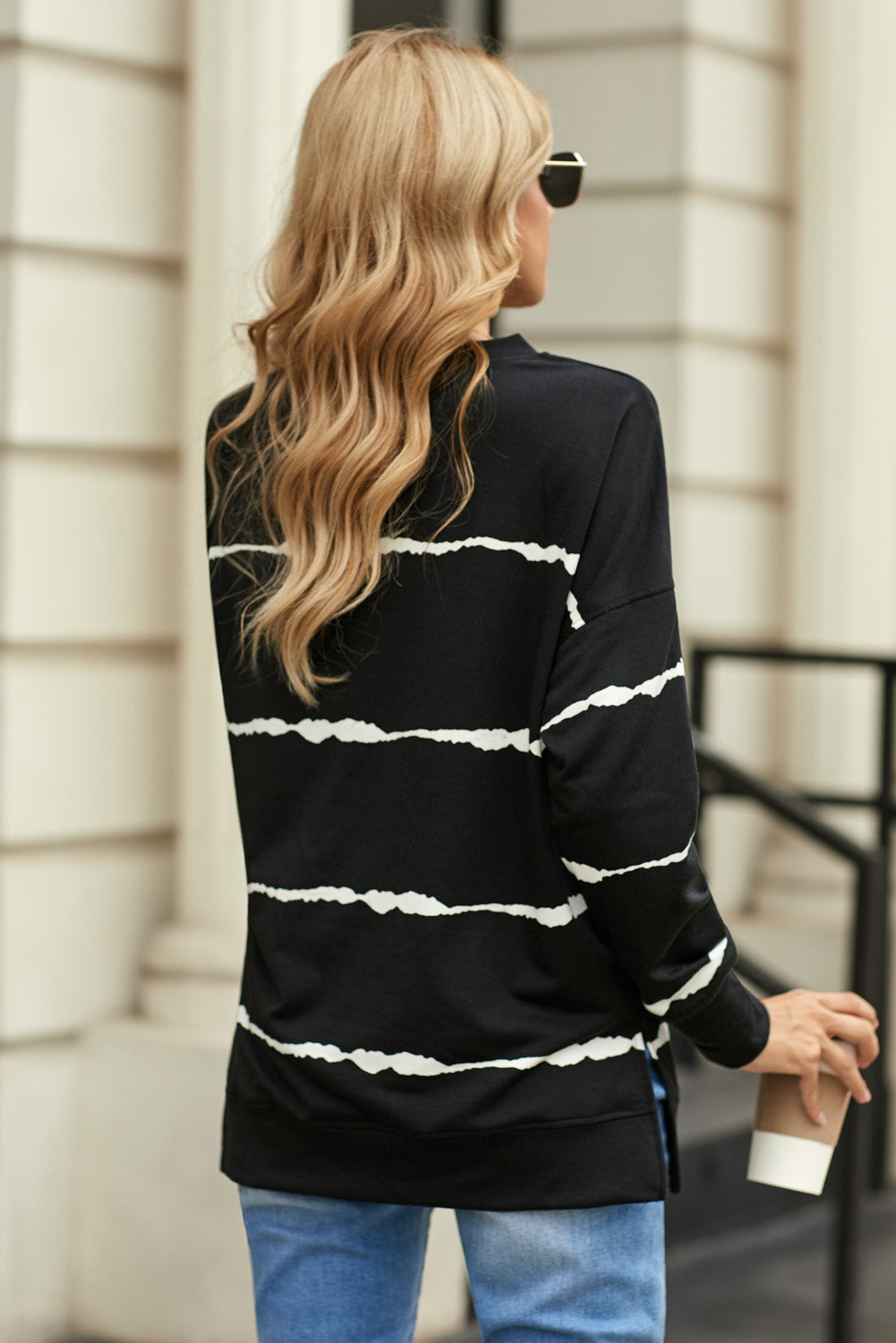 Striped Side Slit Round Neck Sweatshirt - SHIRLYN.CO