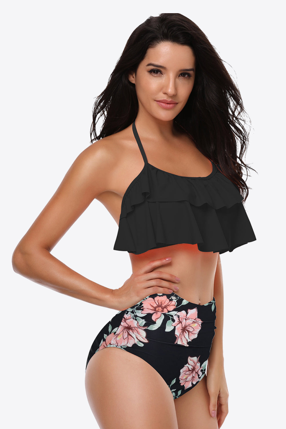 Two-Tone Ruffled Halter Neck Two-Piece Swimsuit - SHIRLYN.CO