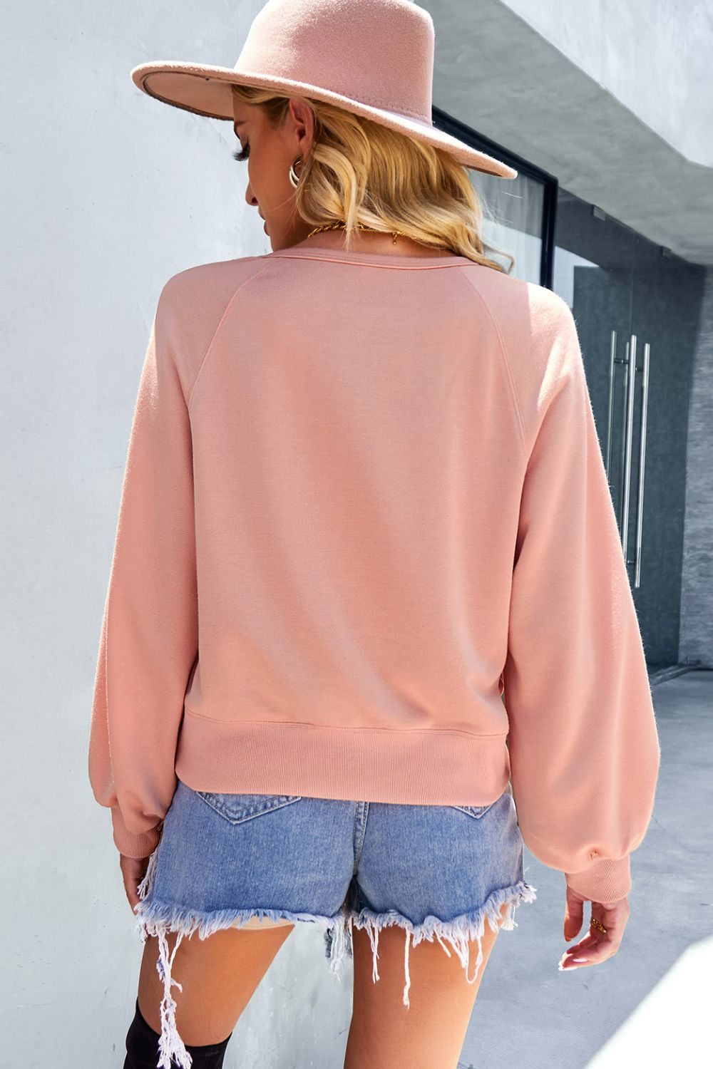 Balloon Sleeve Henley Sweatshirt - SHIRLYN.CO