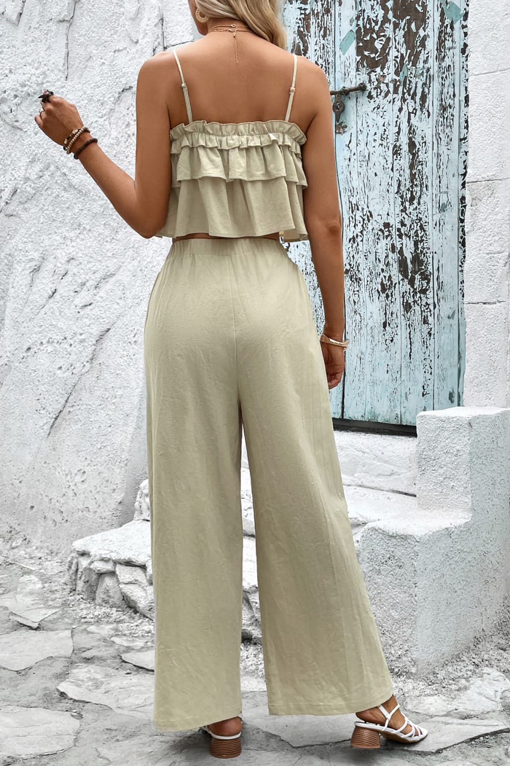 Frill Trim Cami and Wide Leg Pants Set - SHIRLYN.CO