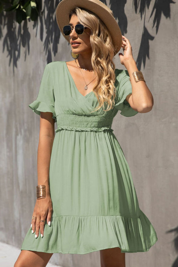 Smocked Waist Flounce Sleeve Ruffle Hem Dress - SHIRLYN.CO