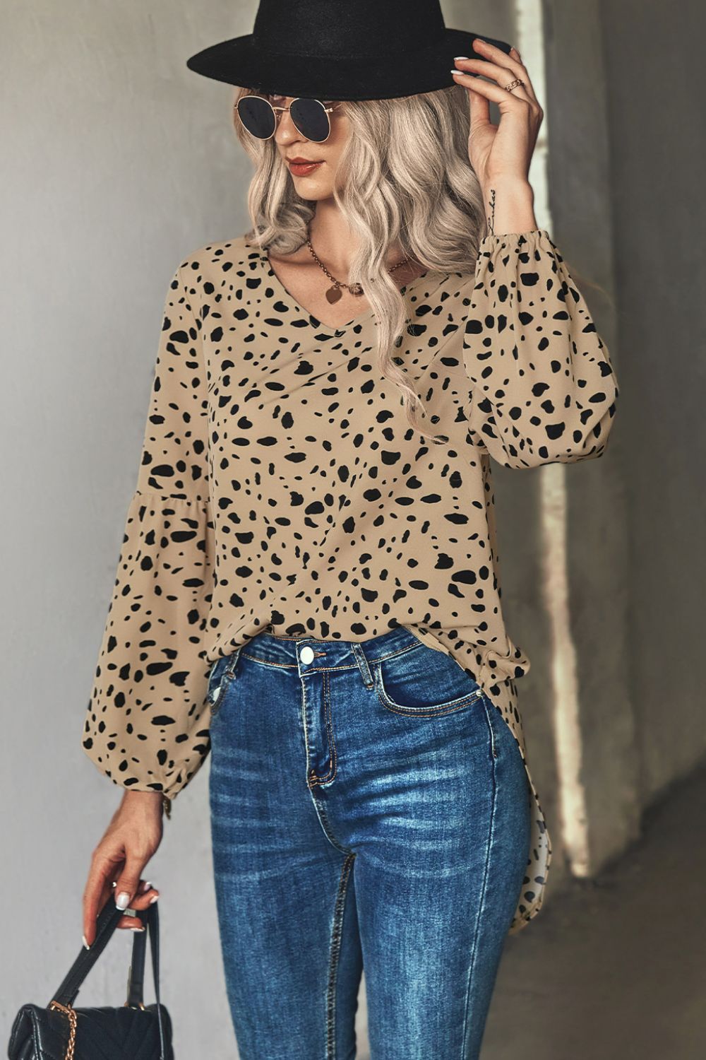 Animal Print V-Neck High-Low Blouse - SHIRLYN.CO