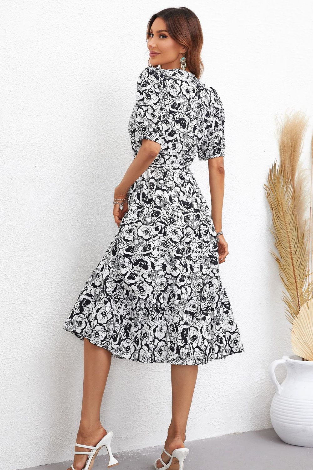 Floral Collared Neck Puff Sleeve Midi Dress - SHIRLYN.CO