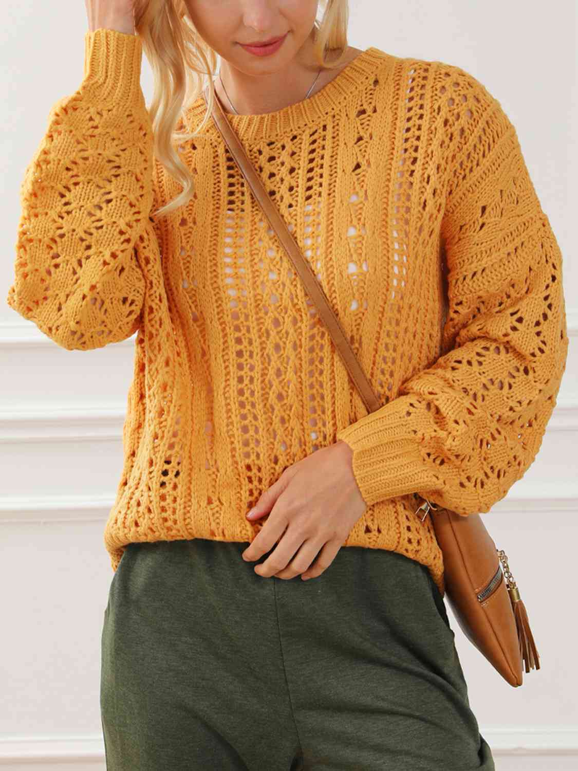 Openwork Round Neck Long Sleeve Sweater