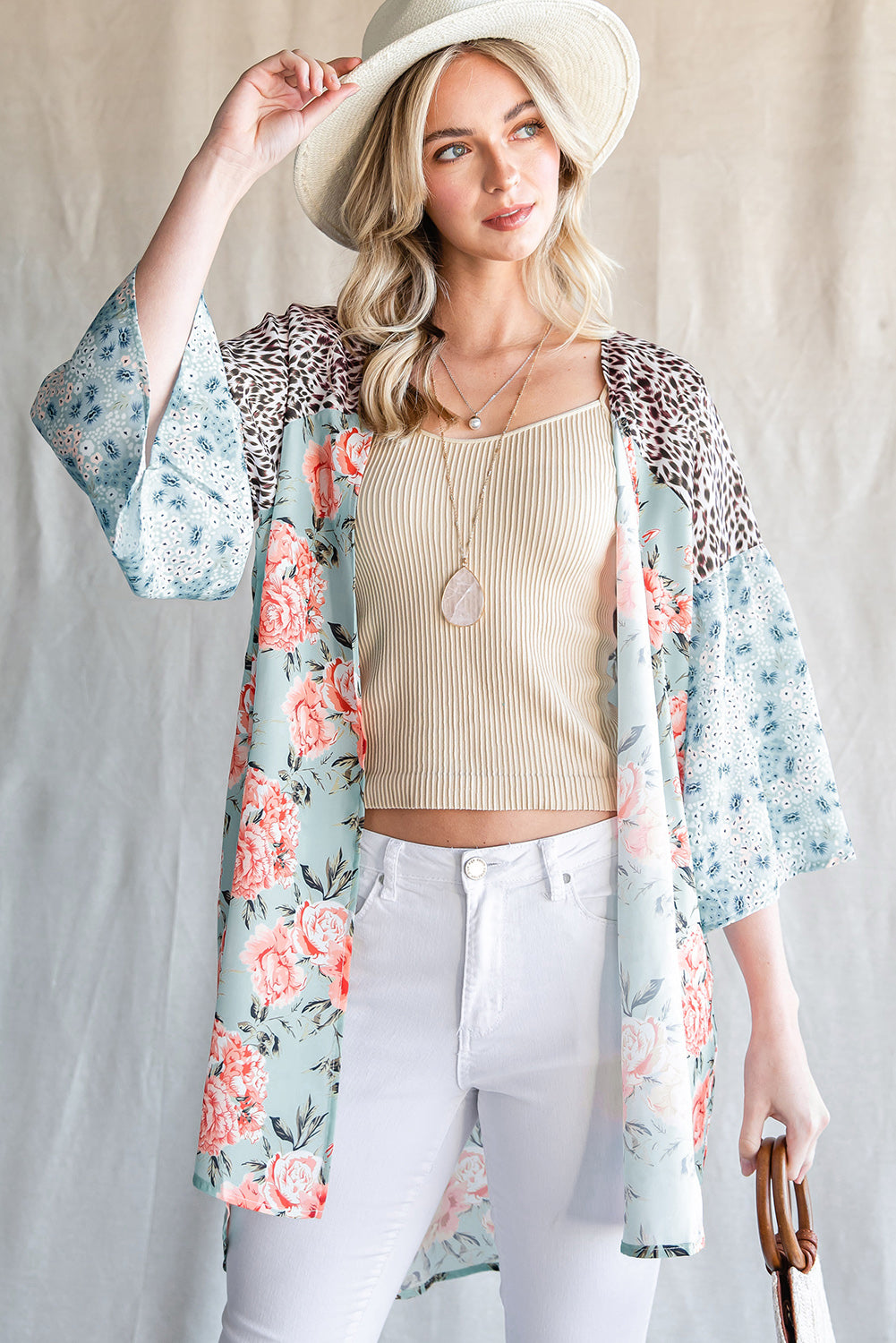 Animal Print Floral Three-Quarter Sleeve Cardigan - SHIRLYN.CO