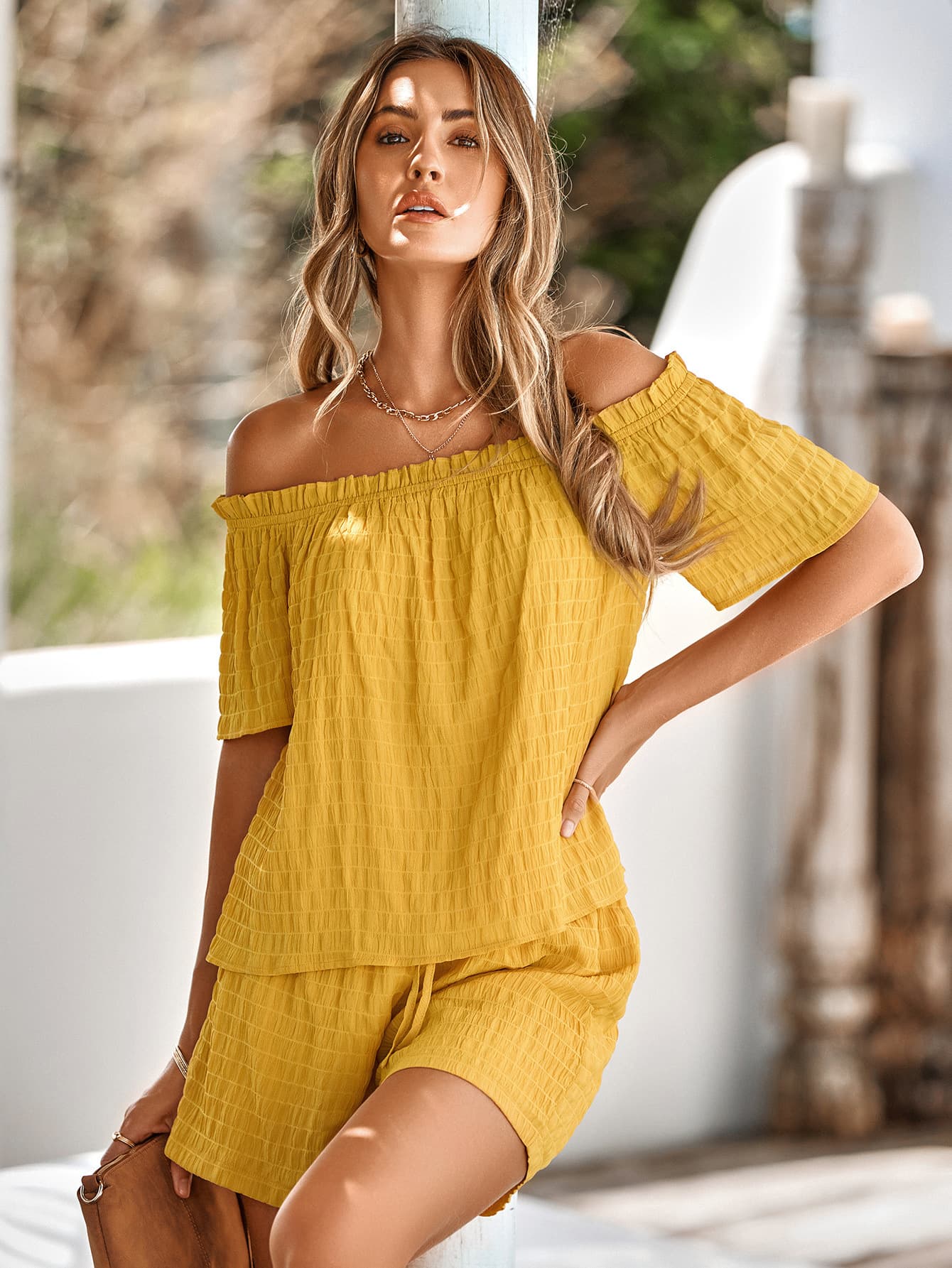 Textured Frill Trim Off-Shoulder Top and Shorts Set - SHIRLYN.CO