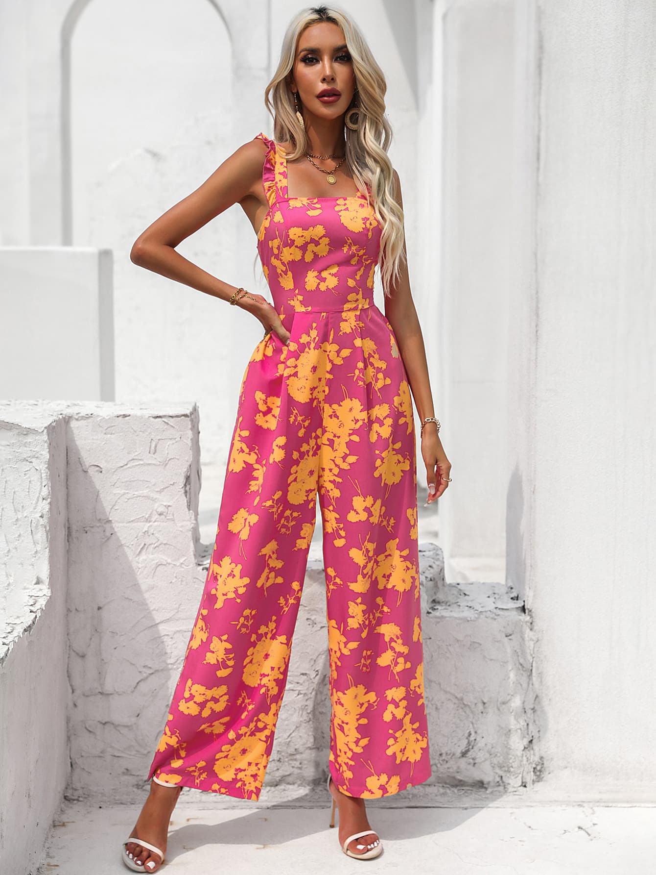 Shirlyn Luxe - Floral Square Neck Cutout Tie Back Jumpsuit - SHIRLYN.CO