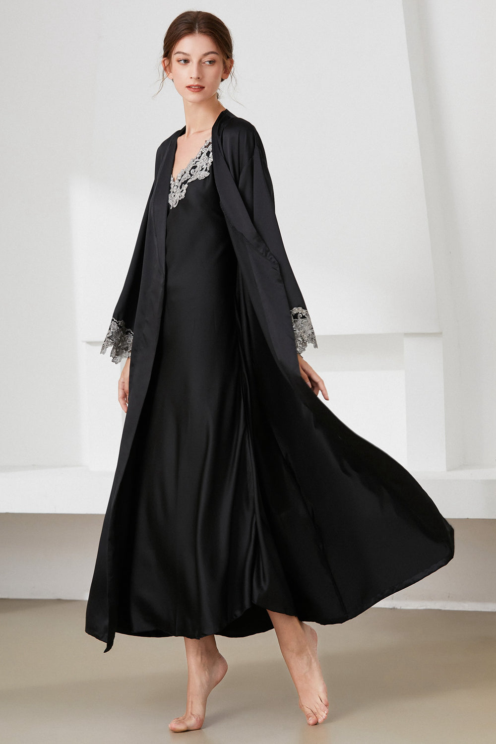 Contrast Lace Trim Satin Night Dress and Robe Set - SHIRLYN.CO