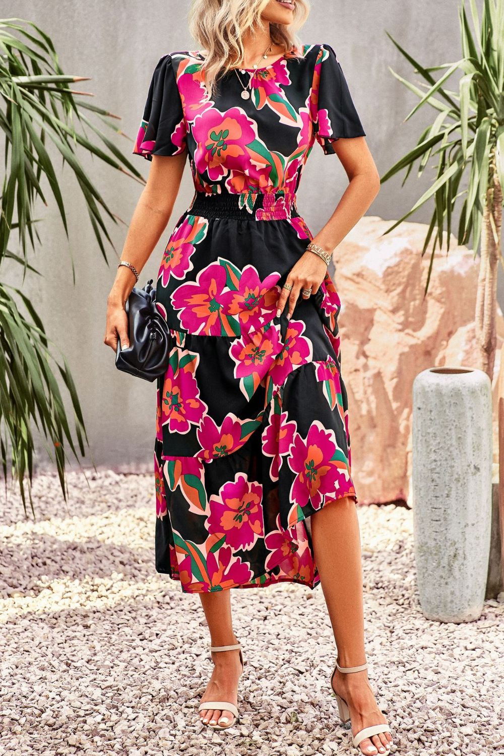 Floral Puff Sleeve Tiered Midi Dress - SHIRLYN.CO