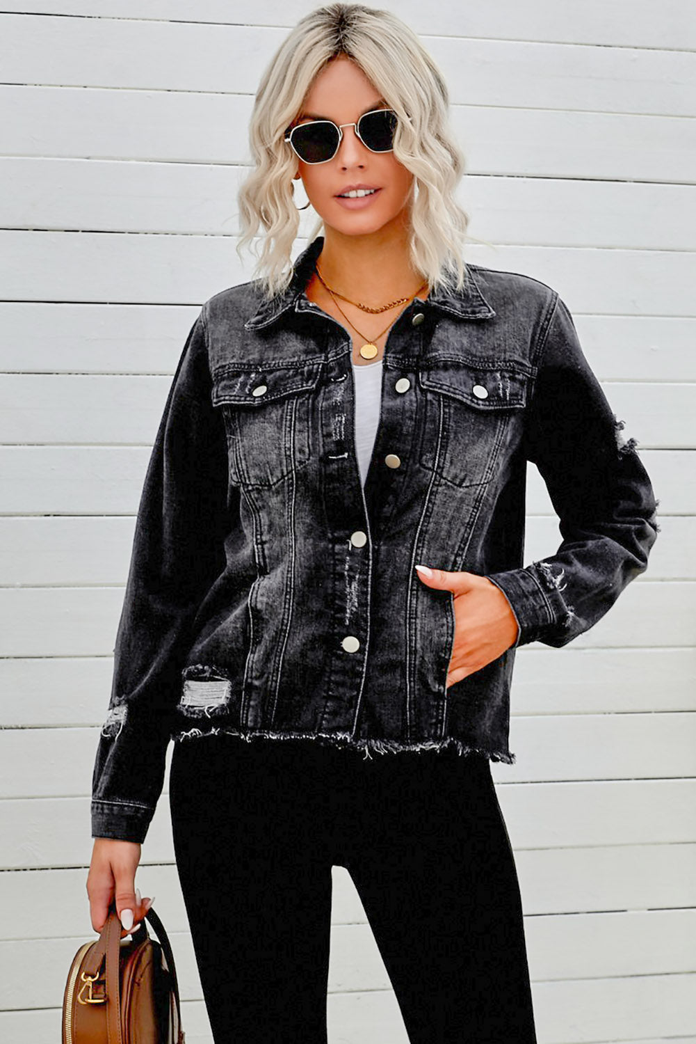 Distressed Raw Hem Denim Jacket - SHIRLYN.CO