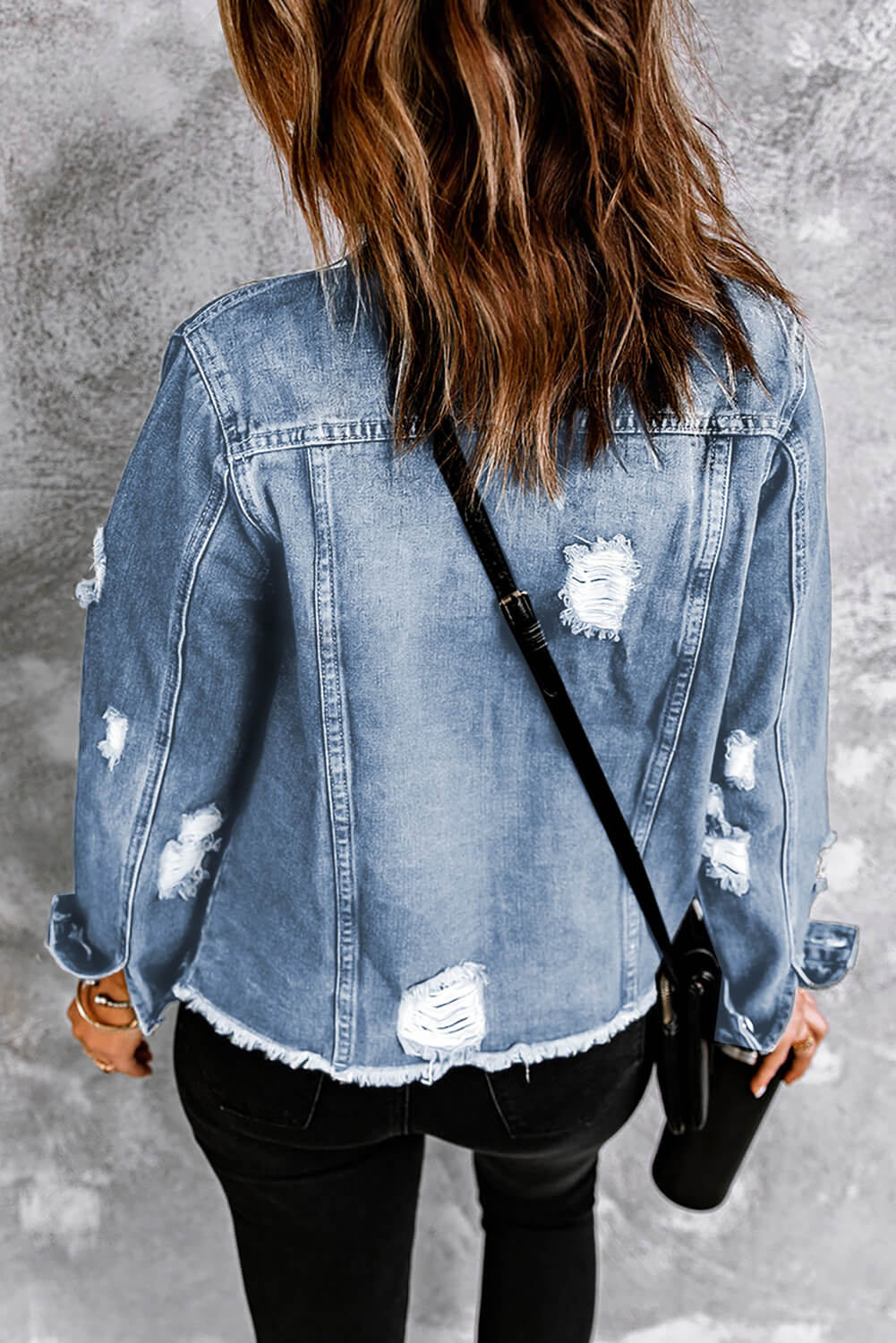 Distressed Raw Hem Denim Jacket - SHIRLYN.CO