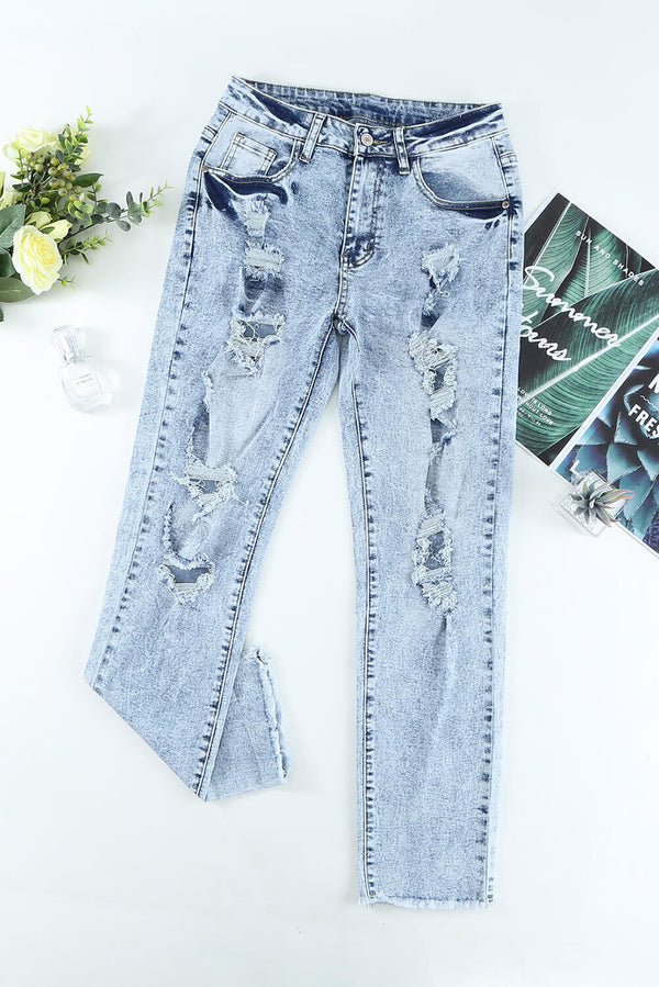 Distressed Fringe Hem Straight Leg Jeans - SHIRLYN.CO