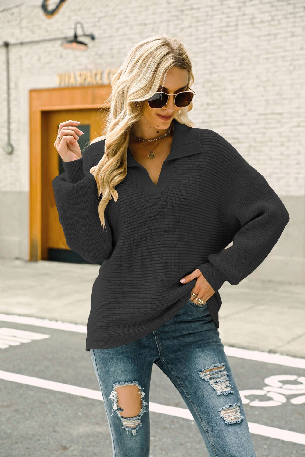 Double Take Horizontal Ribbing Johnny Collar Sweater