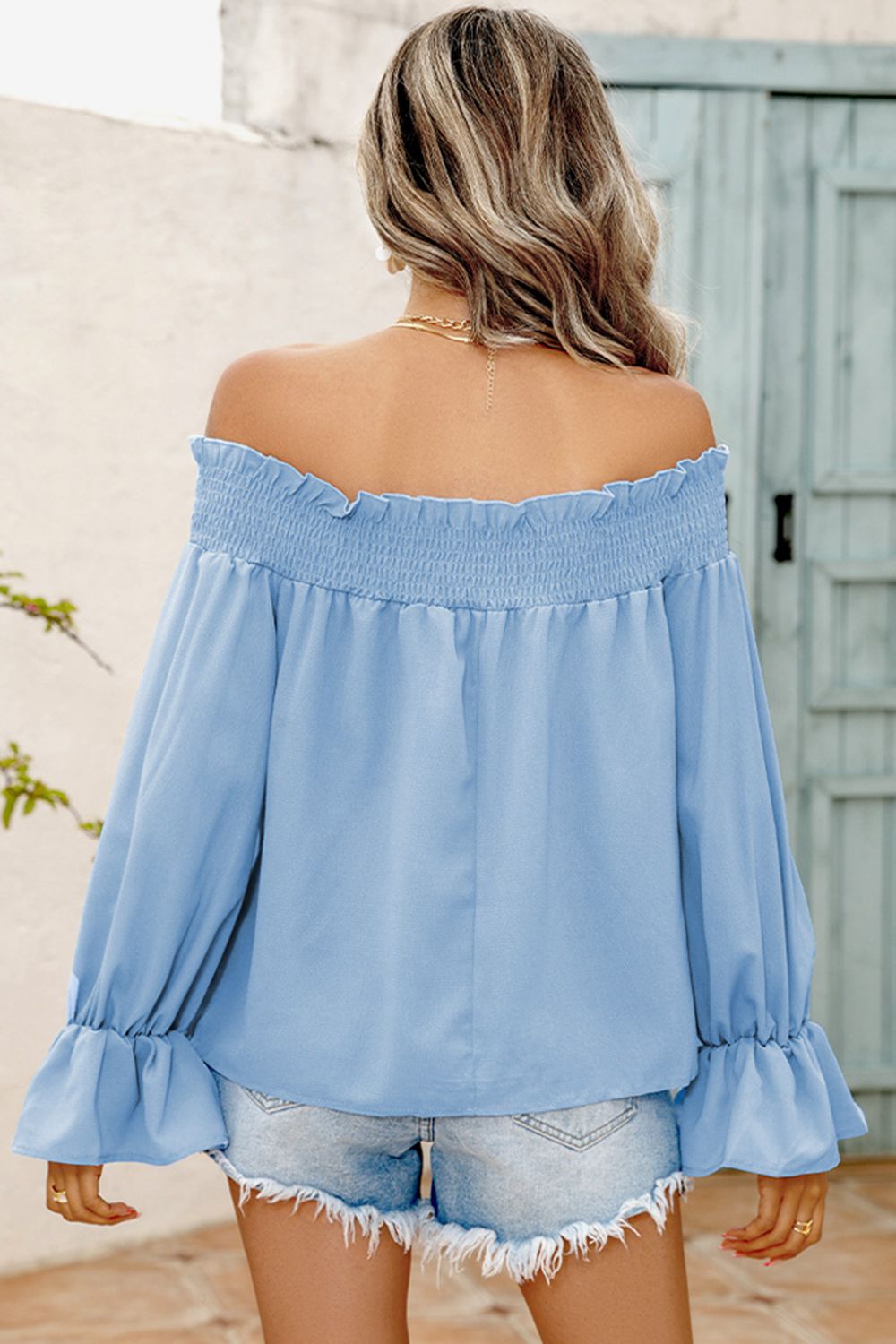 Off-Shoulder Flare Sleeve Smocked Neck Blouse - SHIRLYN.CO