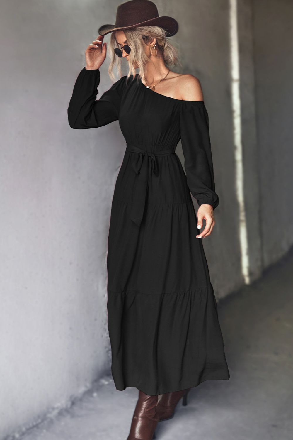 Belted One-Shoulder Tiered Maxi Dress - SHIRLYN.CO