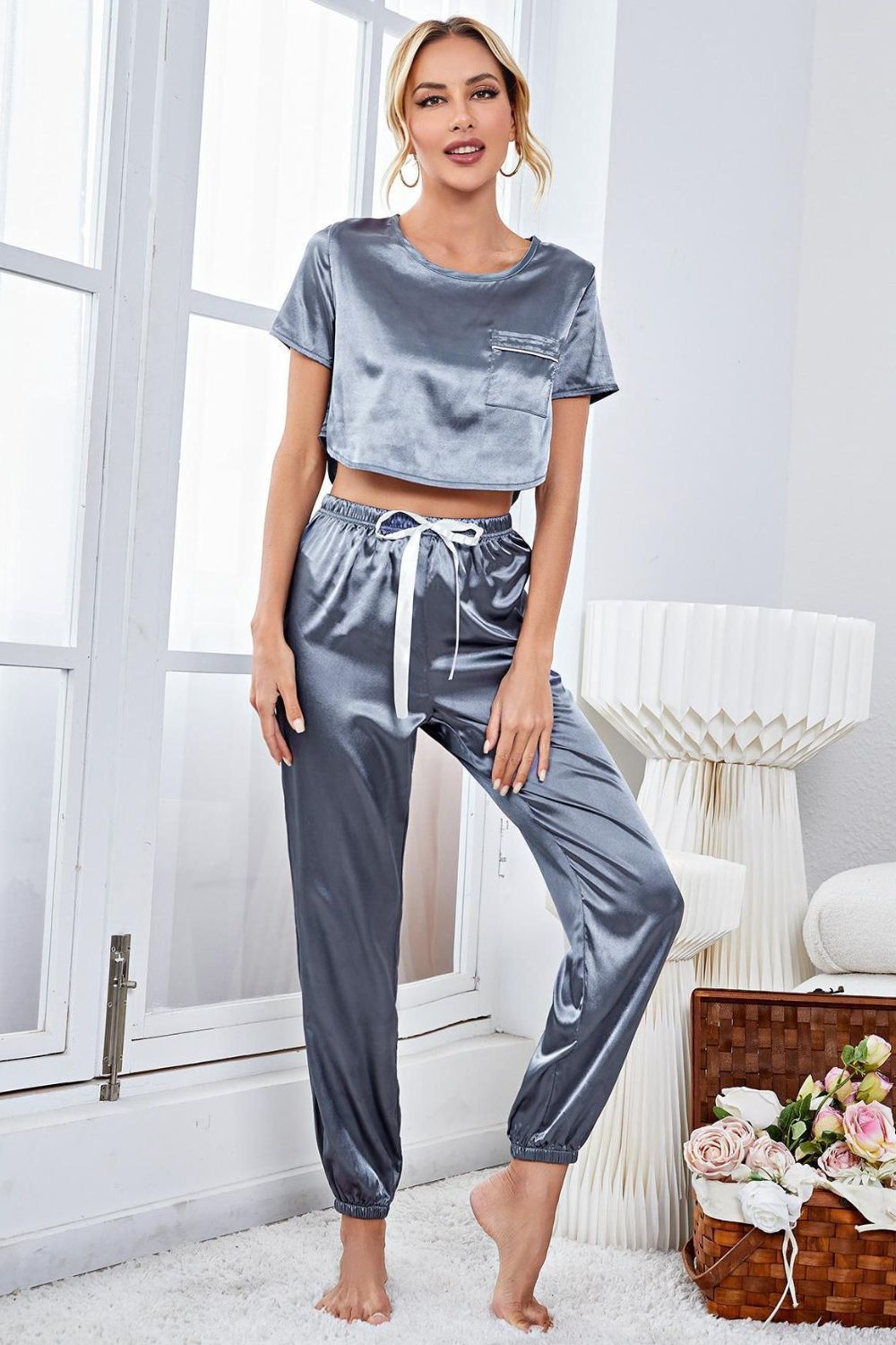 Satin Short Sleeve Crop Top and Joggers Lounge Set - SHIRLYN.CO