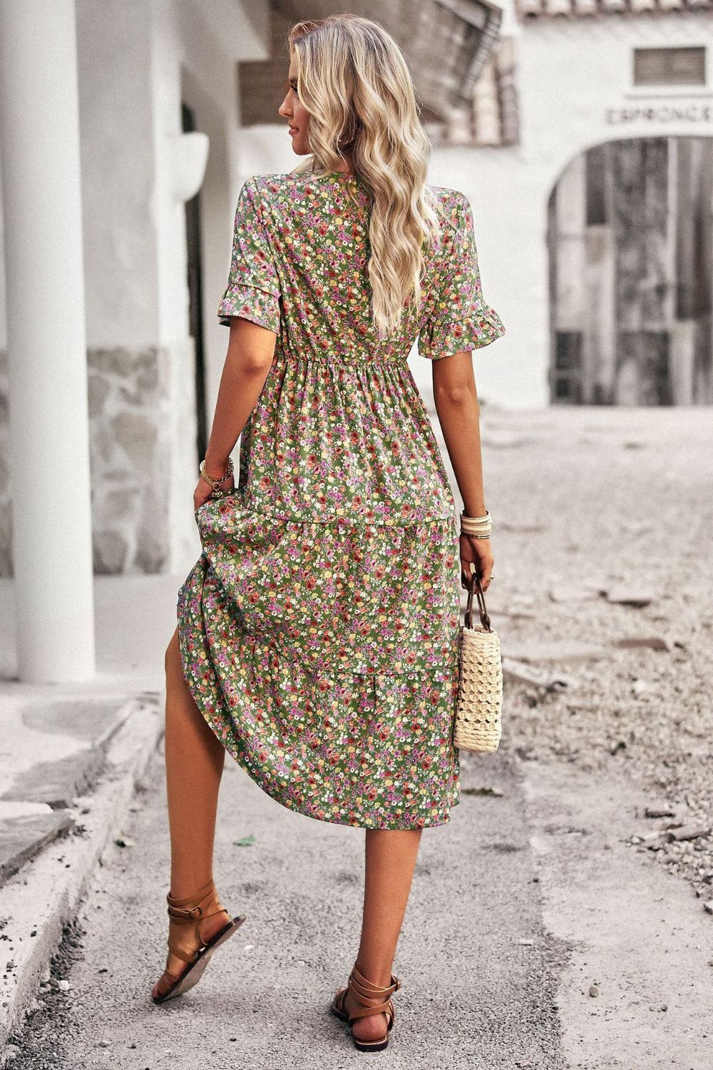 Floral V-Neck Flounce Sleeve Midi Dress - SHIRLYN.CO